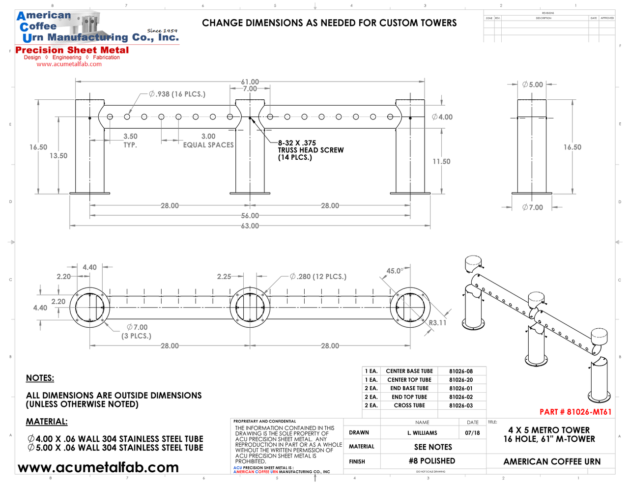 4x5 Metro "M" Pass Through Draft Beer Tower 16 Faucet Holes | 61" Long | Stainless Steel #8 Drawing