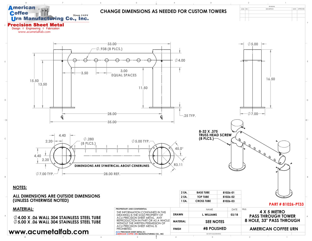 4x5 Metro Pass Through Tower 8 Faucet Holes | Stainless Steel #8 Drawing