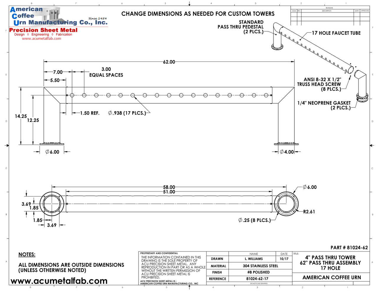 Draft Beer Pass Thru Tower | 17 Faucet Holes (57" Long) | S/S # 8