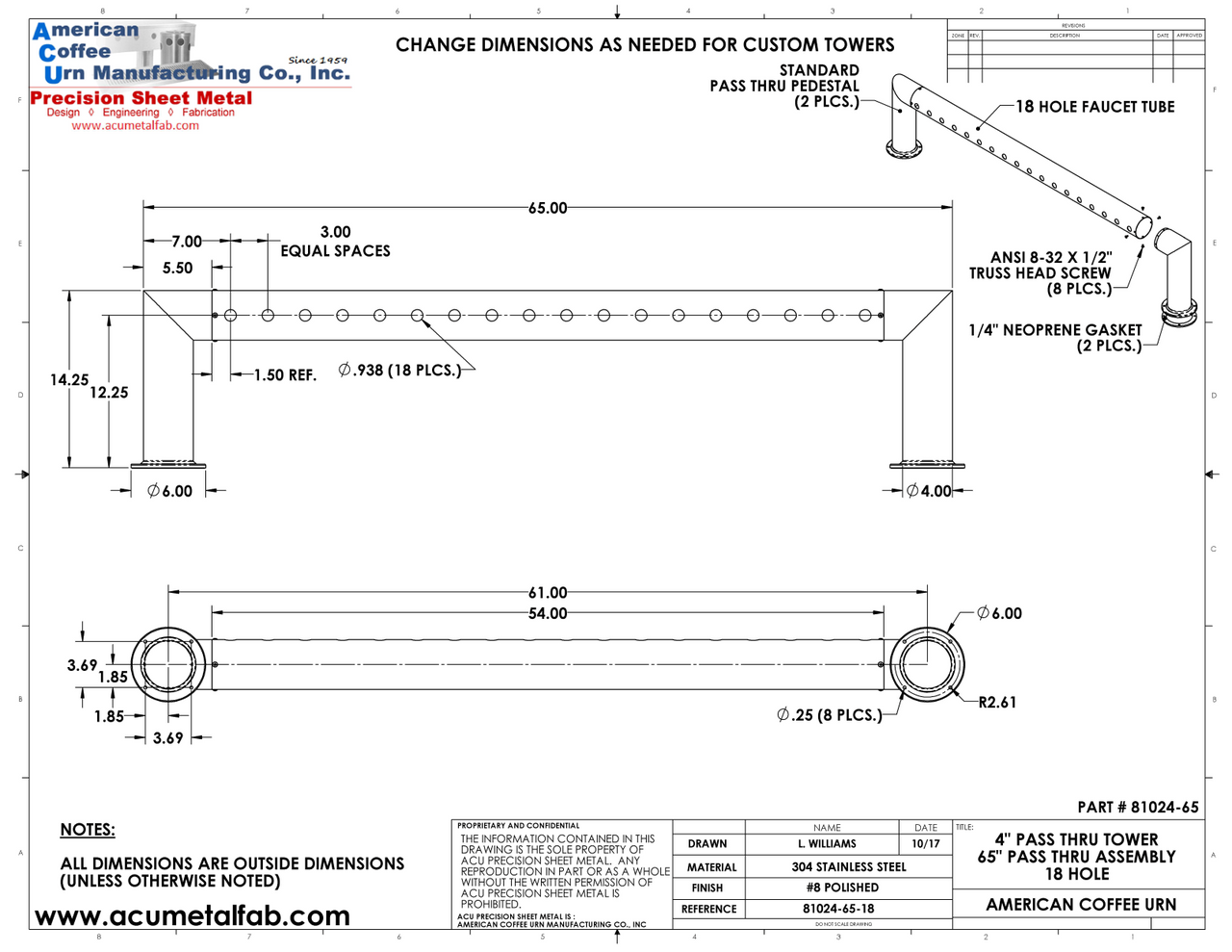 Draft Beer Pass Thru Tower | 18 Faucet Holes (65" Long) | S/S # 8