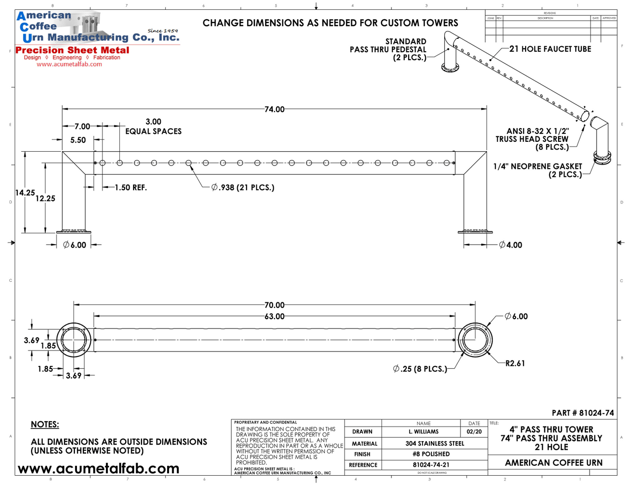 Draft Beer Pass Thru Tower | 21 Faucet Holes (74" Long) | S/S # 8