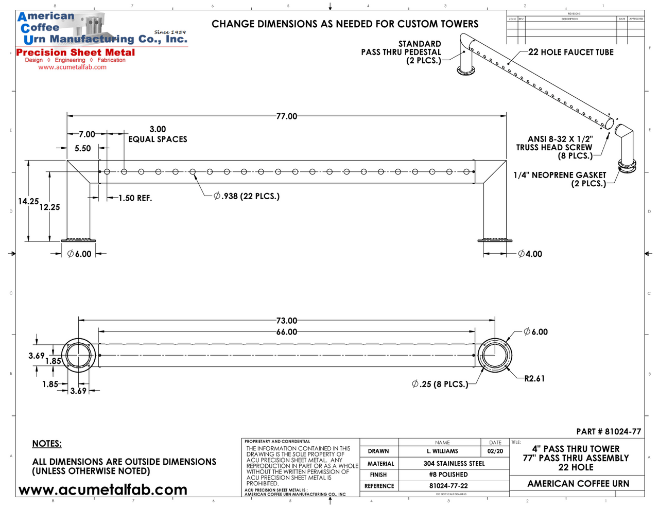 Draft Beer Pass Thru Tower | 22 Faucet Holes (77" Long) | S/S # 8
