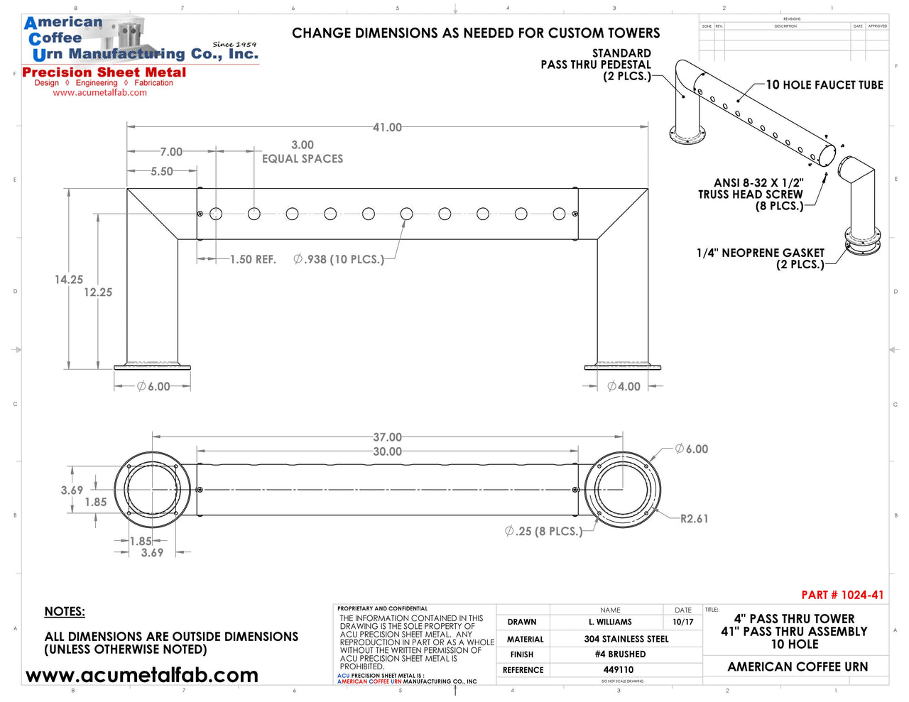Modular Draft Beer Pass Thru Tower | 10 Faucet Holes | 41" Long | S/S # 4
