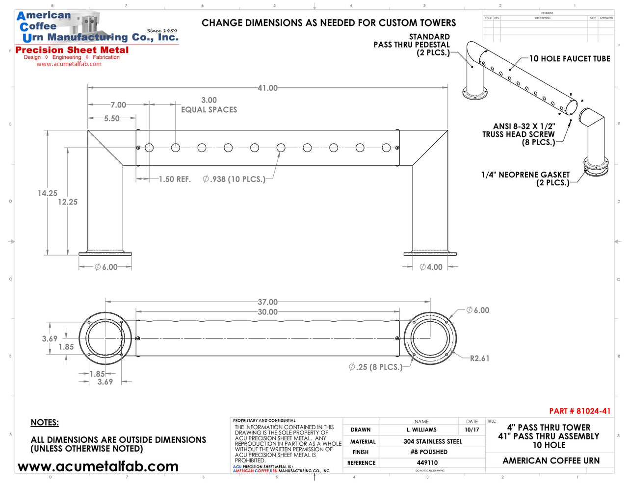 Modular Draft Beer Pass Thru Tower | 10 Faucet Holes | 41" Long | S/S # 8