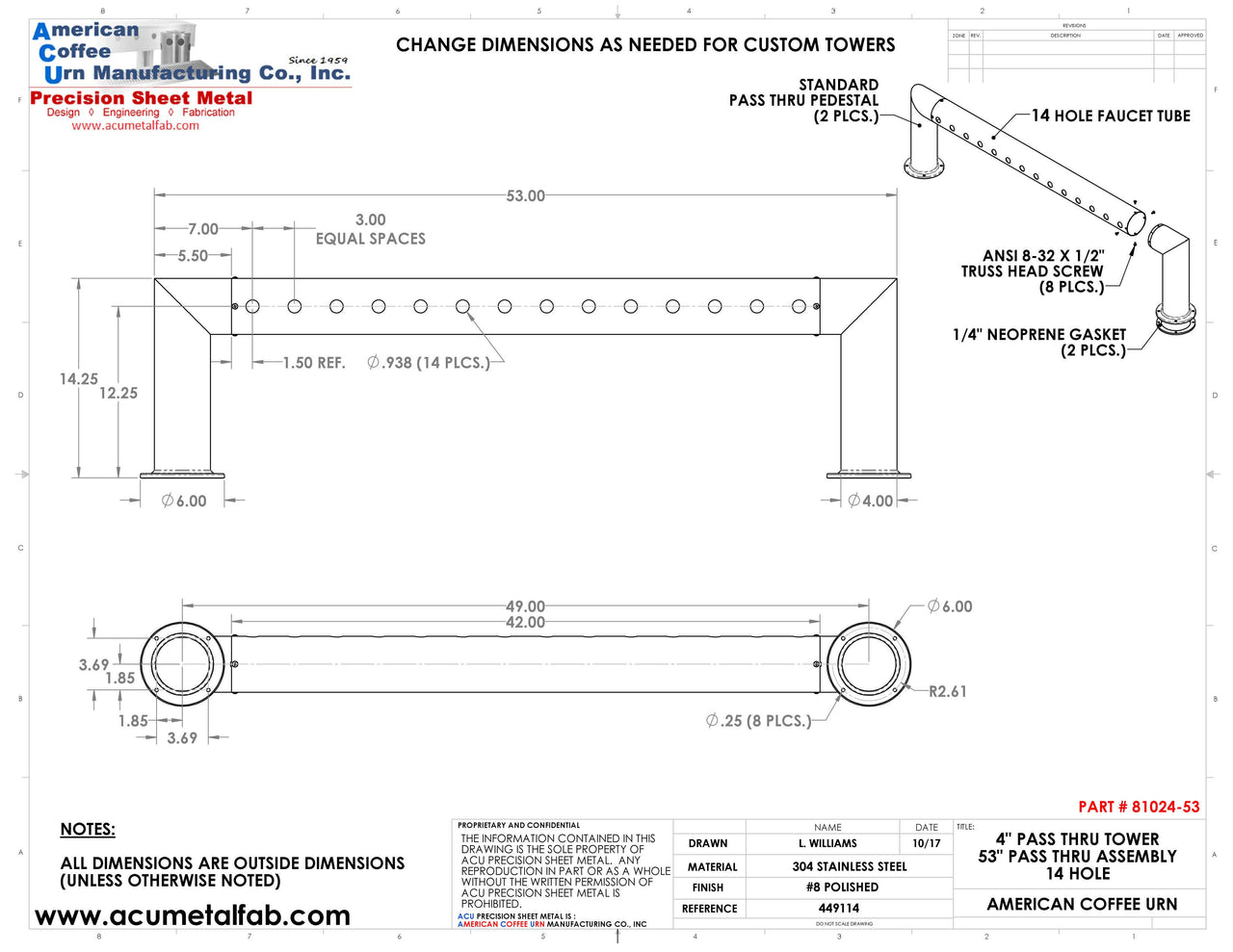 Modular Draft Beer Pass Thru Tower | 14 Faucet Holes | 53" Long | S/S # 8