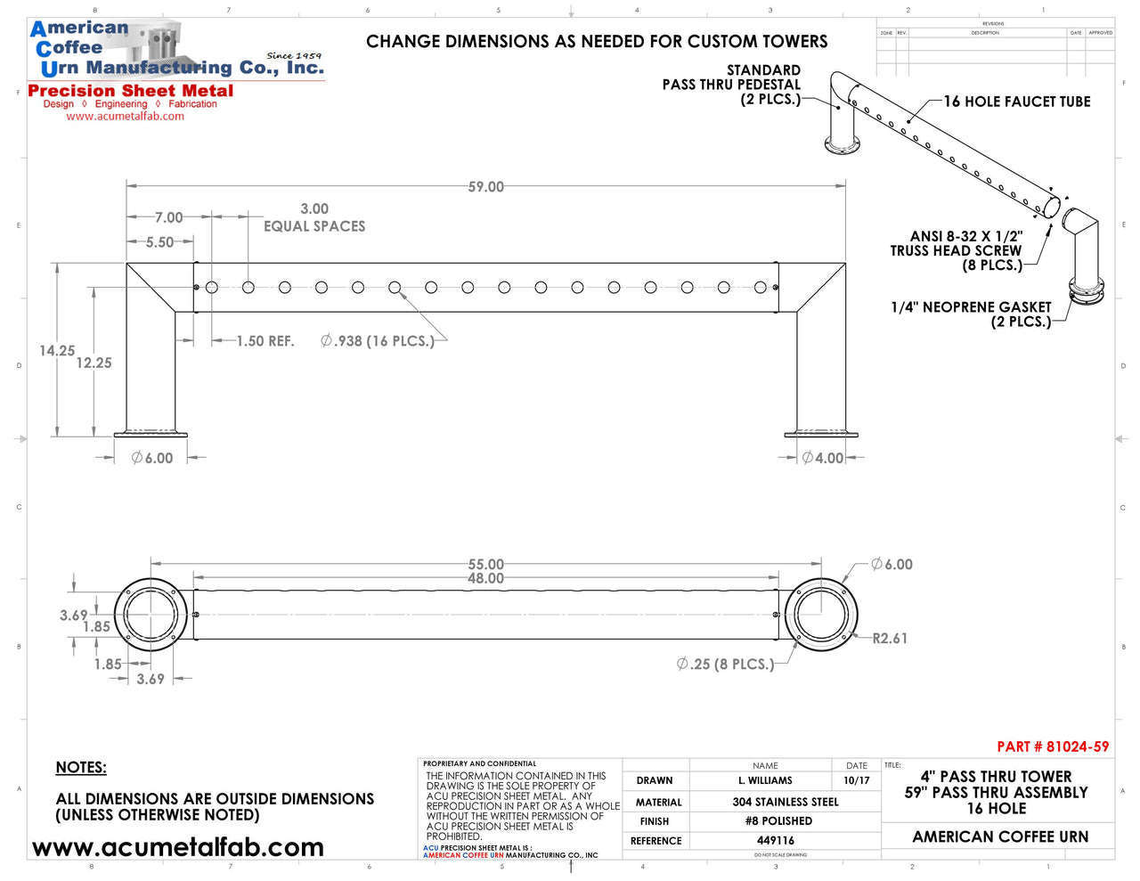 Modular Draft Beer Pass Thru Tower | 16 Faucet Holes | 59" Long | S/S # 8