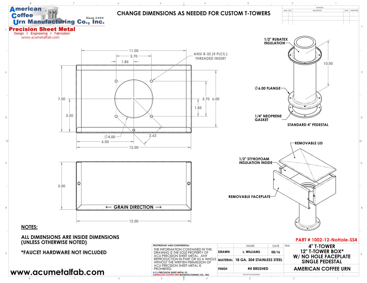 Draft Beer T-Tower | 4" Single Pedestal | 12" Box No Hole Face Plate | S/S # 4