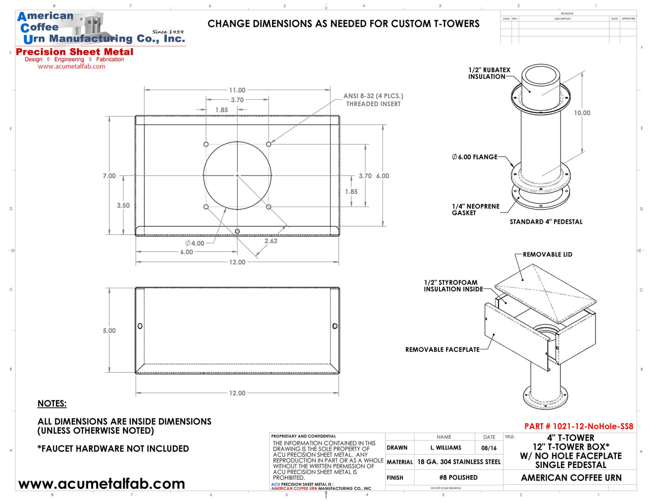 Draft Beer T-Tower | 4" Single Pedestal | 12" Box | No Hole Face Plate | S/S # 8