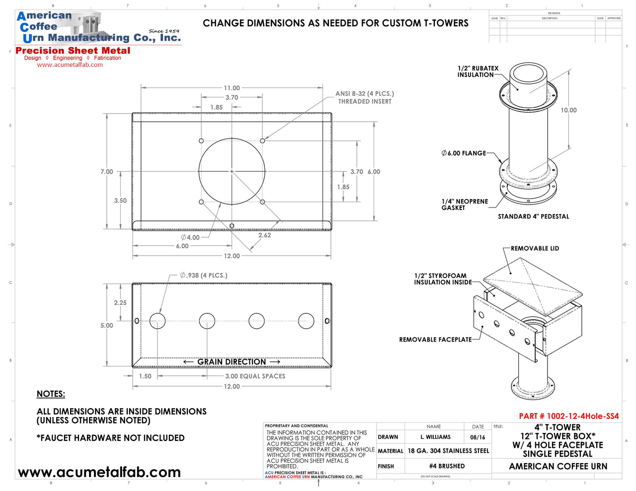 Draft Beer T-Tower | 4" Single Pedestal | 12" Box | 4 Hole Face Plate | S/S # 4