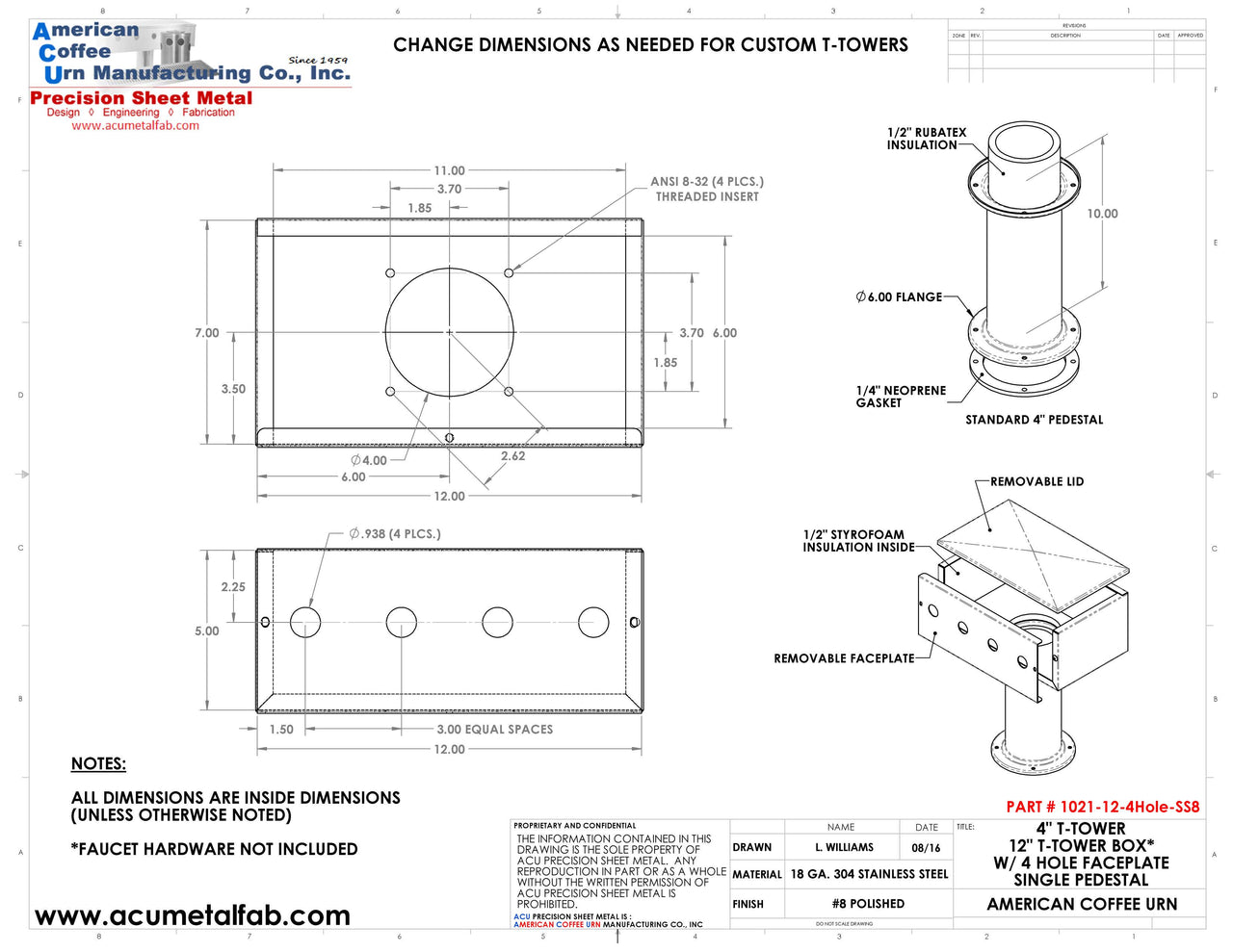 Draft Beer T-Tower | 4" Single Pedestal | 12" Box | 4 Hole Face Plate | S/S # 8