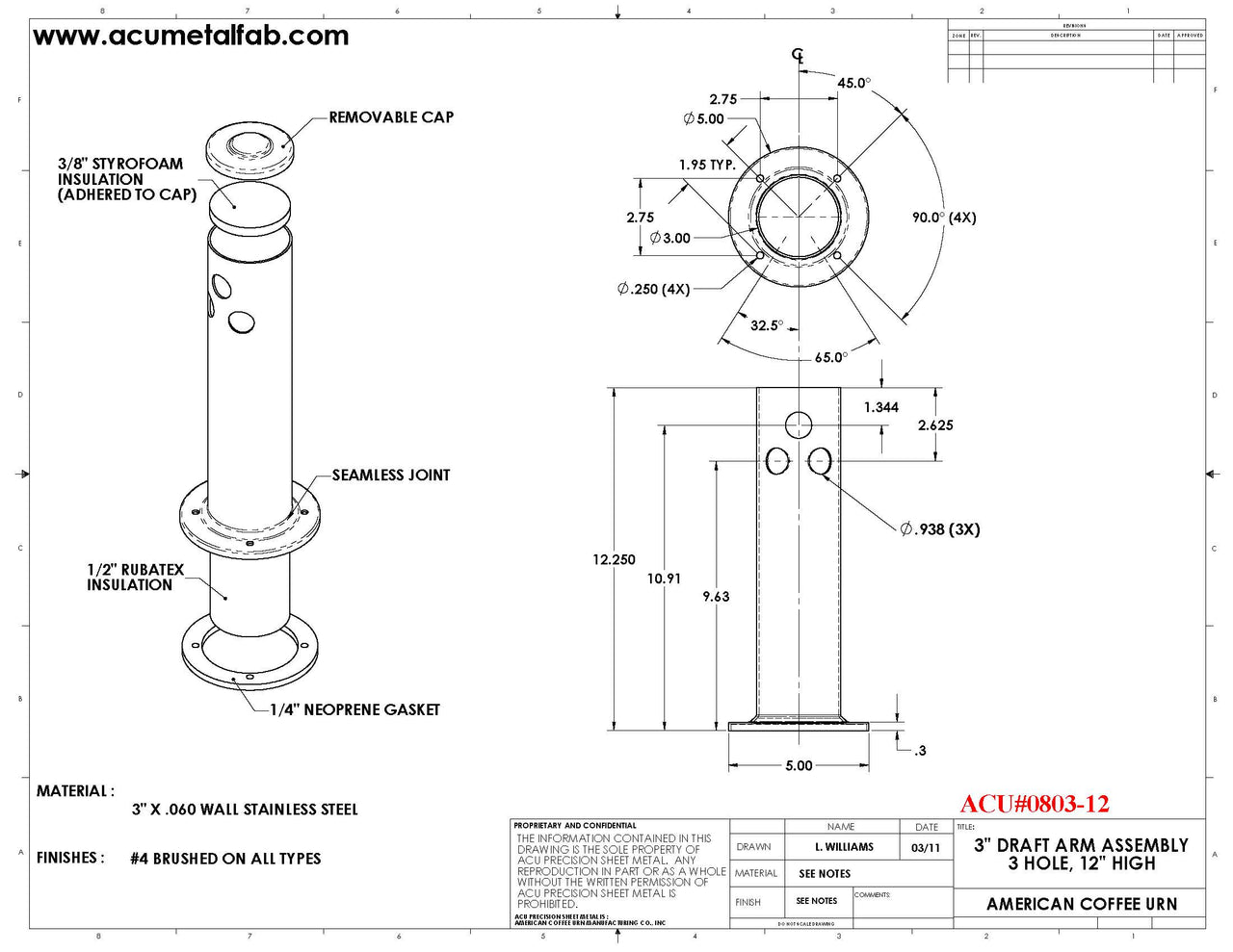 Draft Arm 3" X 12" | 3 Faucet Draft Beer Tower Column Tower S/S # 4