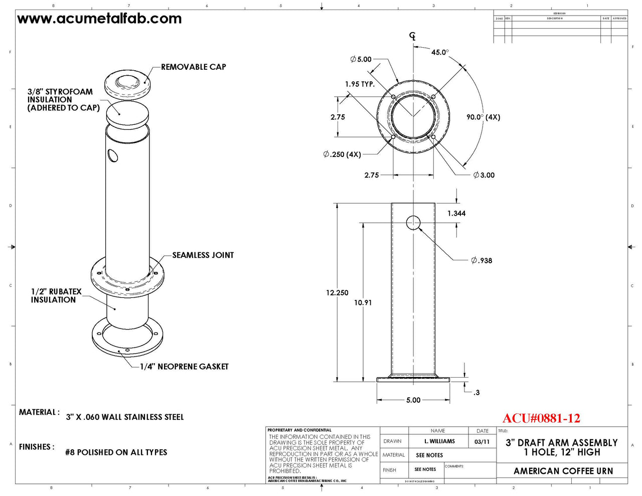 Draft Arm 3" X 12" | 1 Faucet Draft Beer Tower Column Tower S/S#8