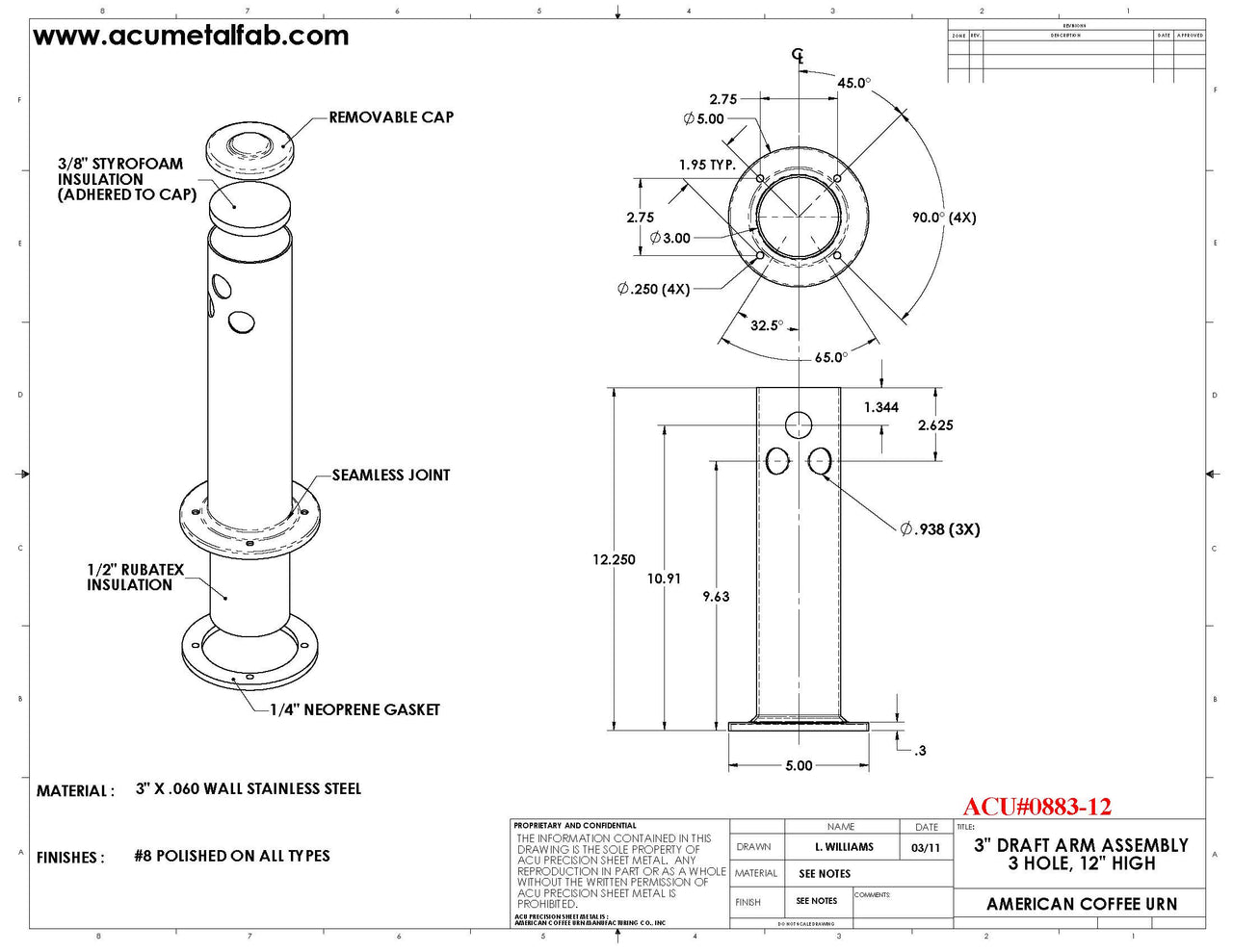 Draft Arm 3" X 12" | 2 Faucet Draft Beer Tower Column Tower S/S#8