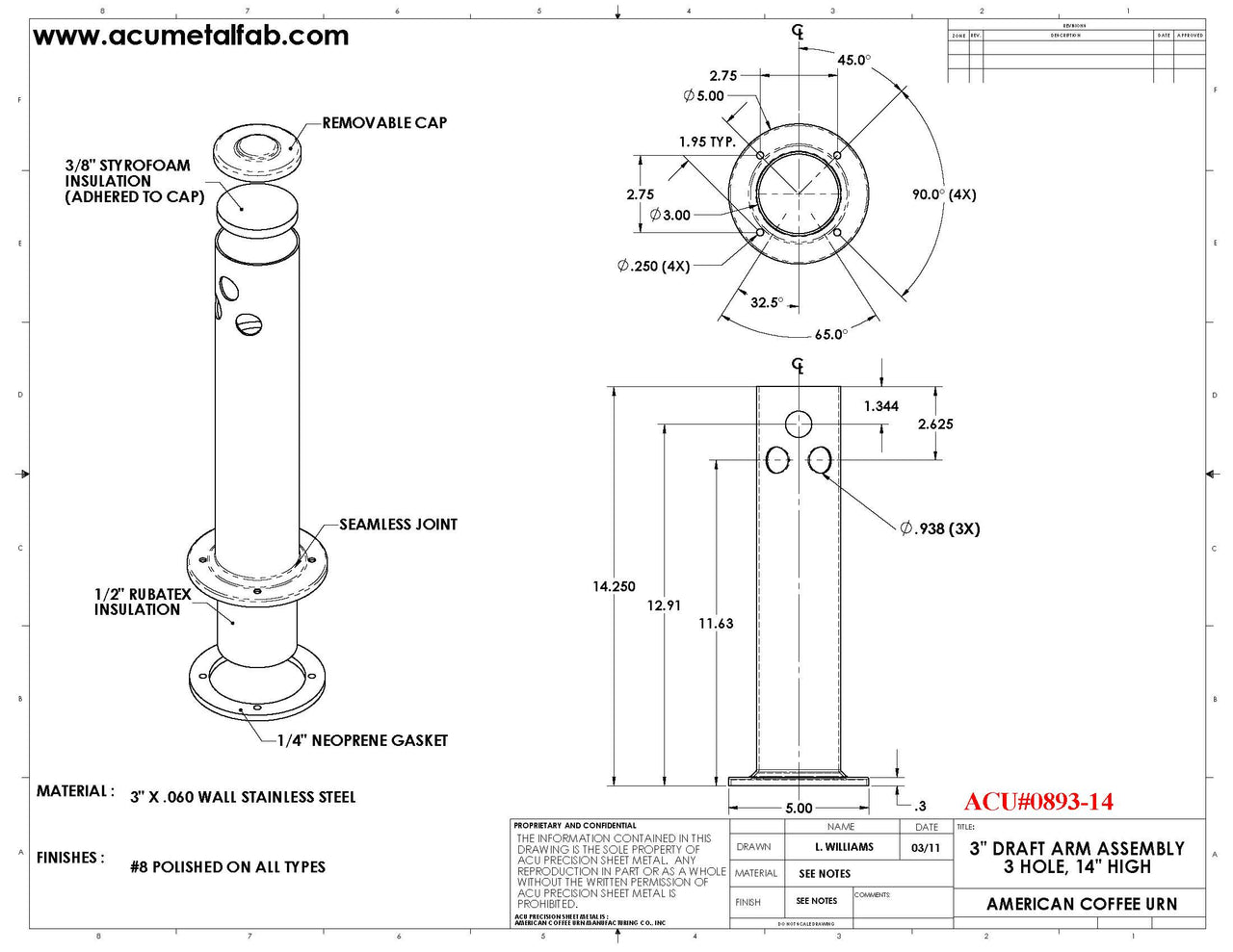 3" X 14" Tall | 3 Faucet Draft Beer Tower Column Tower | S/S # 8