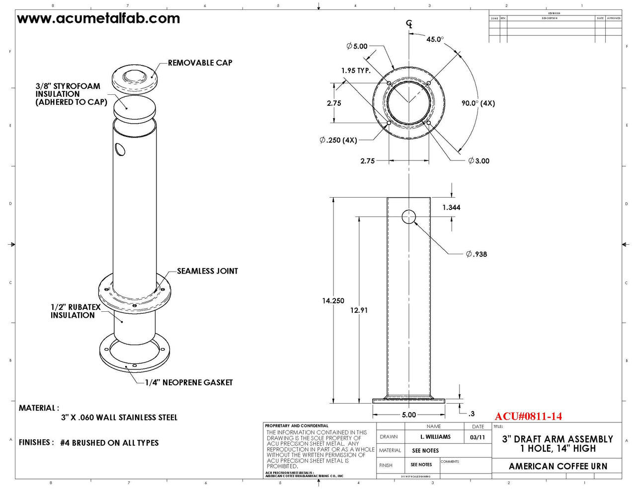 3" X 14" Tall | 1 Faucet Draft Beer Tower Column Tower | S/S # 4