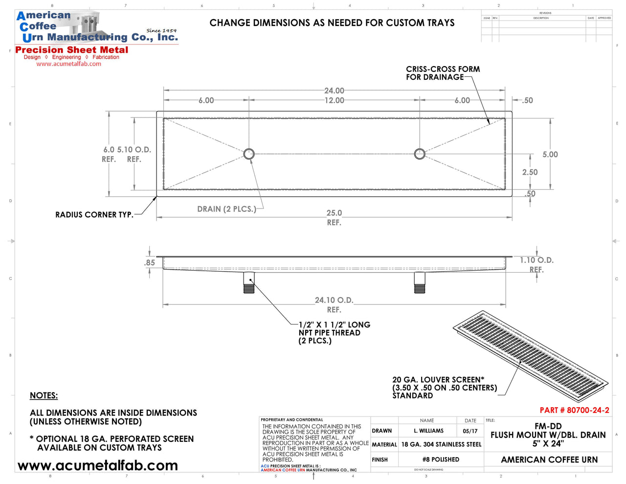 Flush Mount 5" X 24" X ¾" Drip Tray with Double Drains | Recessed | S/S # 8