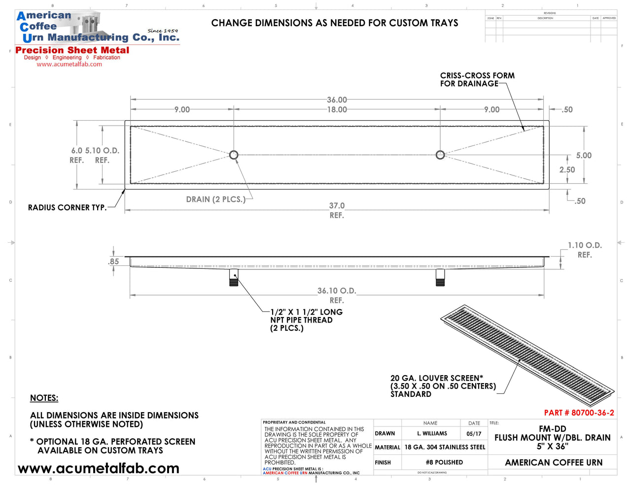 Flush Mount 5" X 36" X ¾" Drip Tray with Double Drains | Recessed | S/S # 8