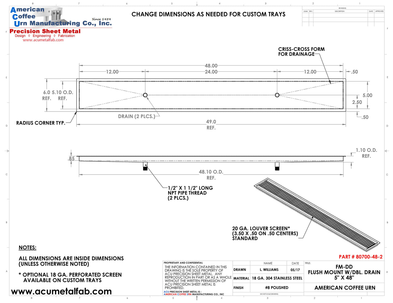 Flush Mount 5" X 48" X ¾" Drip Tray with Double Drains | Recessed | S/S # 8