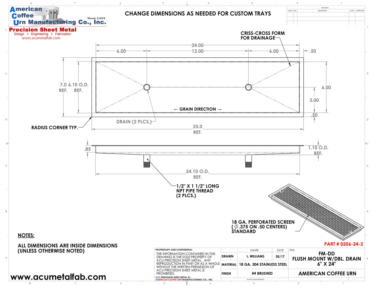 Flush Mount 6" X 24" X ¾" Drip Tray with Double Drains | Recessed | S/S # 4