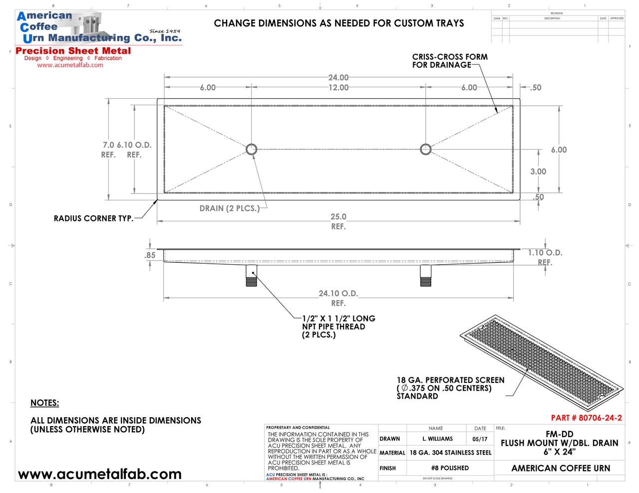 Flush Mount 6" X 24" X ¾" Drip Tray with Double Drains | Recessed | S/S # 8