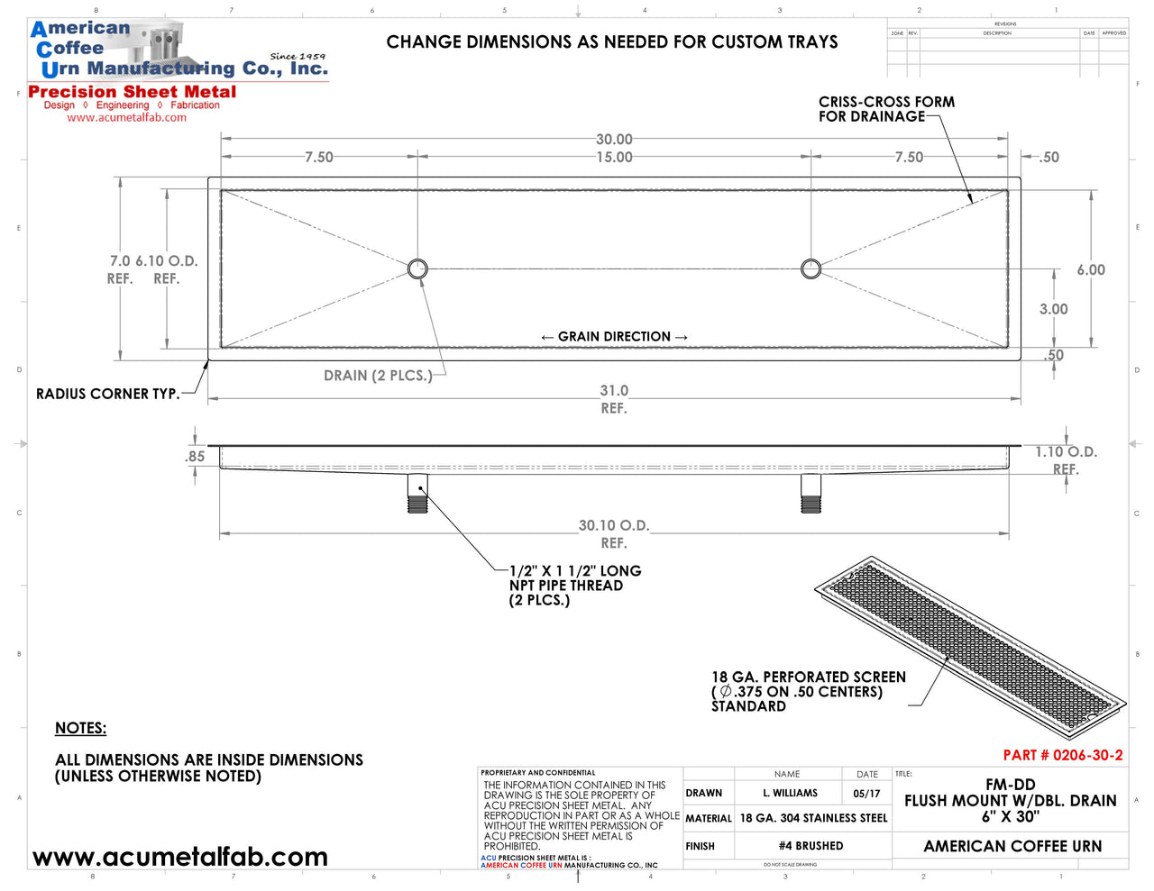 Flush Mount 6" X 30" X ¾" Drip Tray with Double Drains | Recessed | S/S # 4