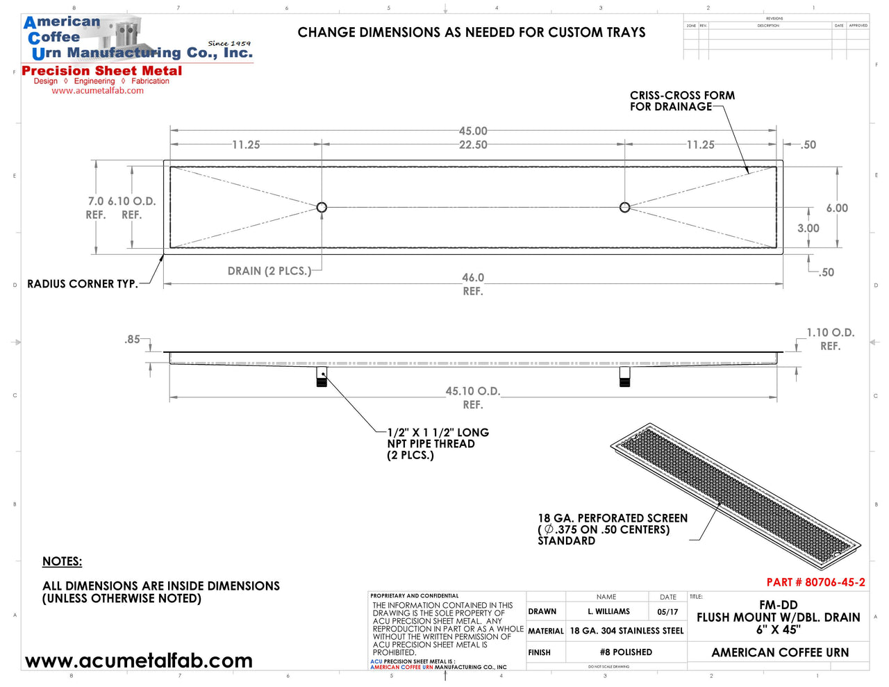 Flush Mount 6" X 45" X ¾" Drip Tray with Double Drains | Recessed | S/S # 8