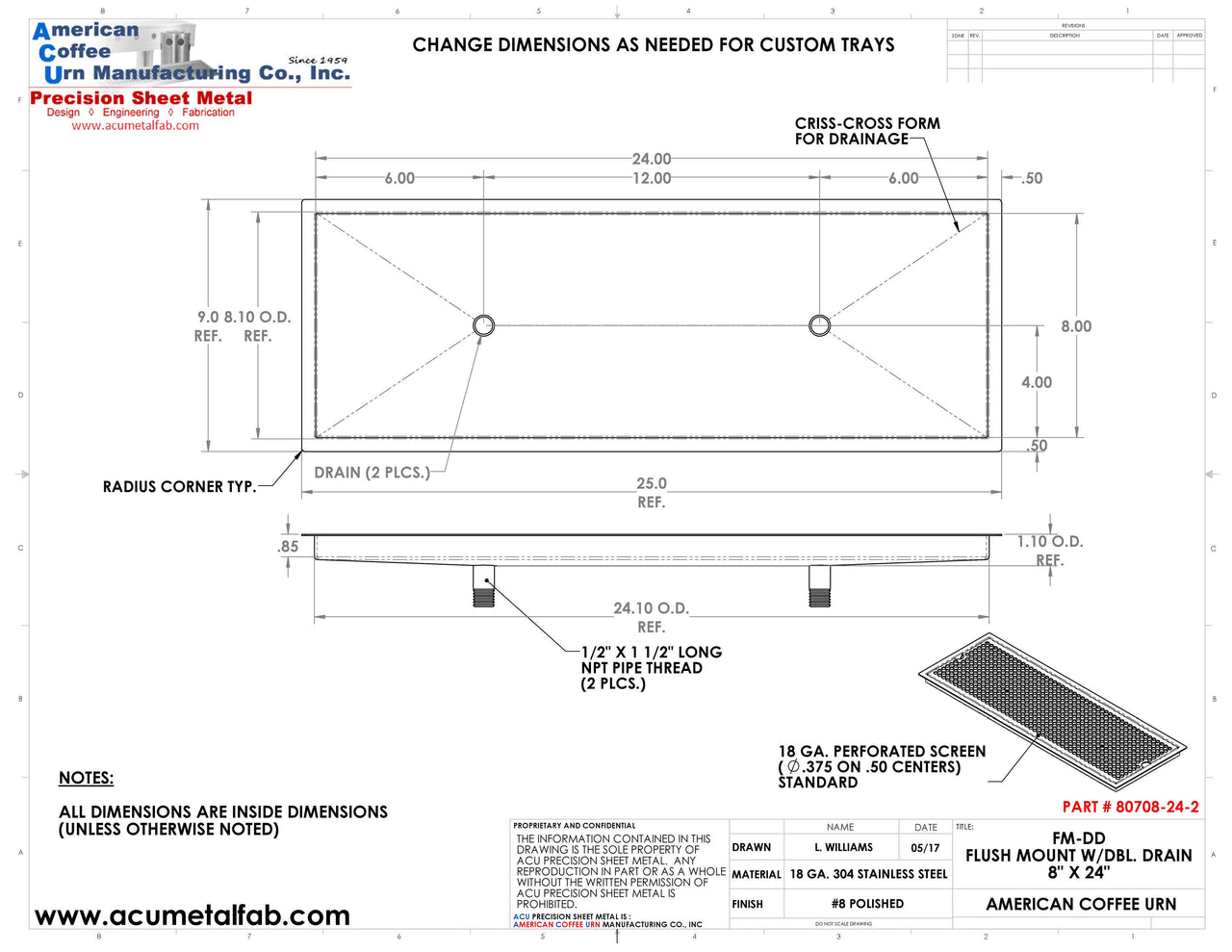 Flush Mount 8" X 30" X ¾" Drip Tray with Double Drains | Recessed | S/S # 8