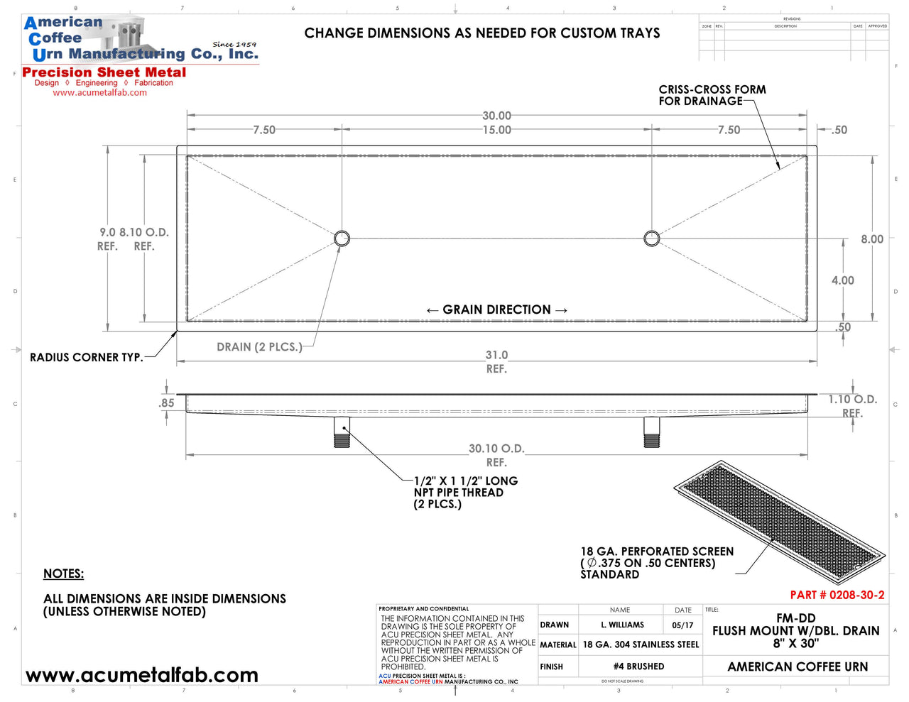 Flush Mount 8" X 30" X ¾" Drip Tray with Double Drains | Recessed | S/S # 4