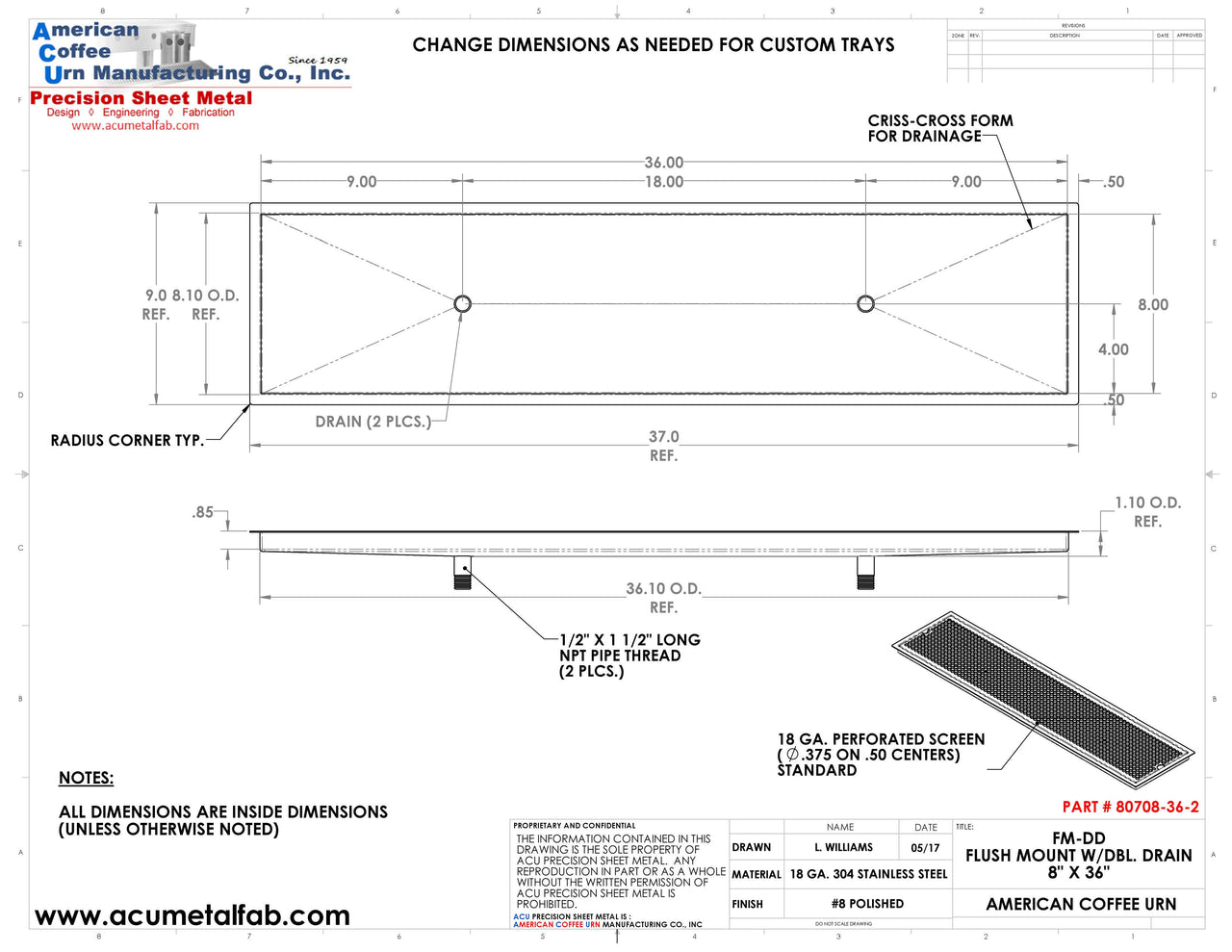 Flush Mount 8" X 36" X ¾" Drip Tray with Double Drains | Recessed | S/S # 8