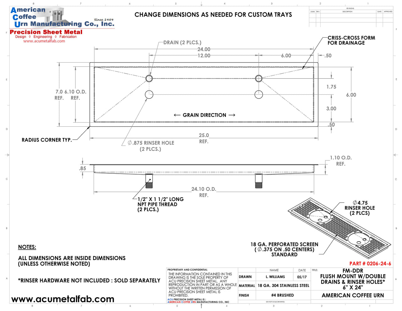 Flush Mount w/ Double Drain and Double Rinser Holes 6" X 24" X ¾" Drip Tray | Recessed | S/S # 4