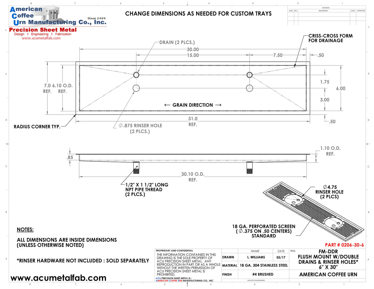 Flush Mount w/ Double Drain and Double Rinser Holes 6" X 30" X ¾" Drip Tray | Recessed | S/S # 4