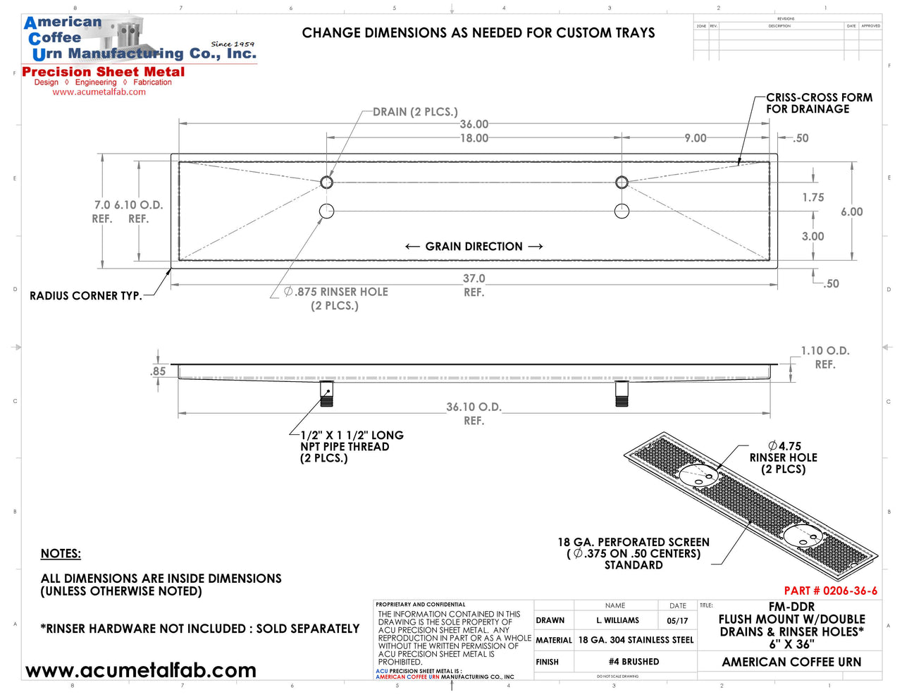 Flush Mount w/ Double Drain and Double Rinser Holes 6" X 36" X ¾" Drip Tray | Recessed | S/S # 4