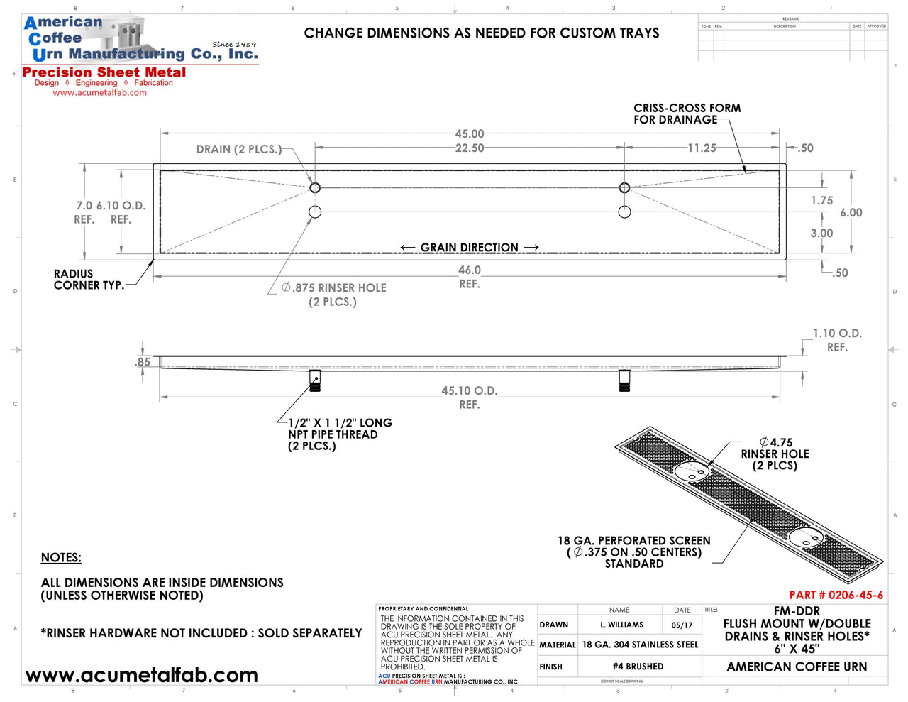 Flush Mount w/ Double Drain and Double Rinser Holes 6" X 45" X ¾" Drip Tray | Recessed | S/S # 4