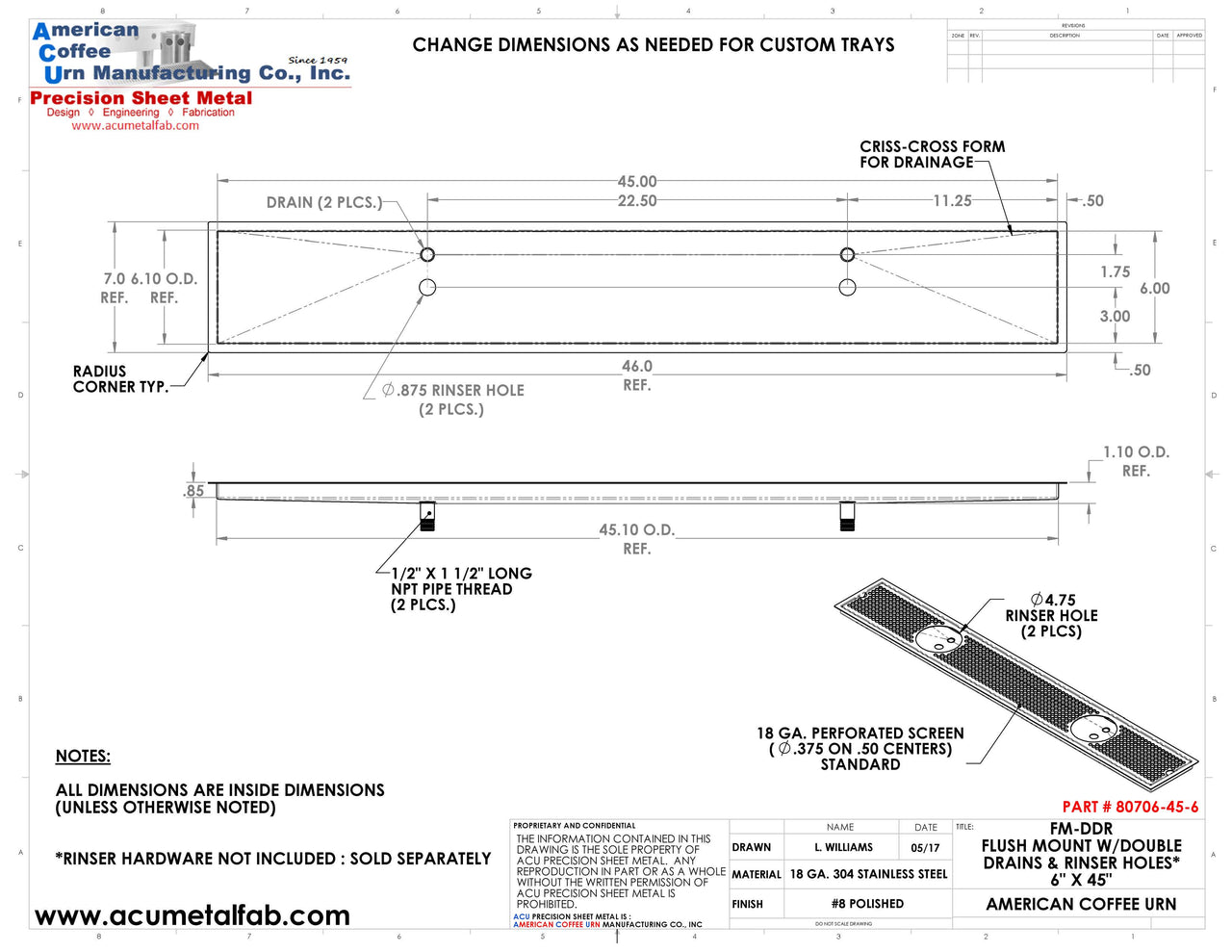 Flush Mount w/ Double Drain and Double Rinser Holes 6" X 45" X ¾" Drip Tray | Recessed | S/S # 8