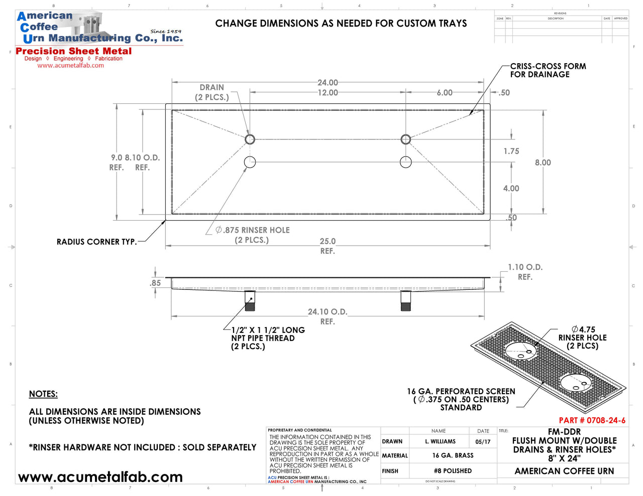 Flush Mount w/ Double Drain and Double Rinser Holes 8" X 24" X ¾" Drip Tray | Recessed | Brass