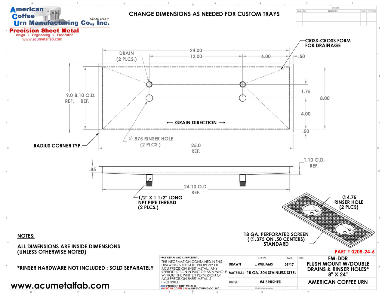 Flush Mount w/ Double Drain and Double Rinser Holes 8" X 24" X ¾" Drip Tray | Recessed | S/S # 4