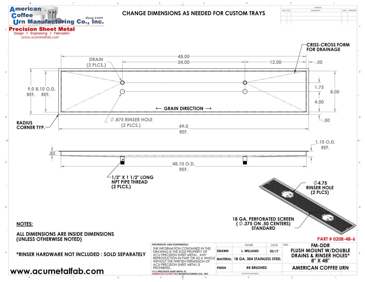 Flush Mount w/ Double Drain and Double Rinser Holes 8" X 48" X ¾" Drip Tray | Recessed | S/S # 4