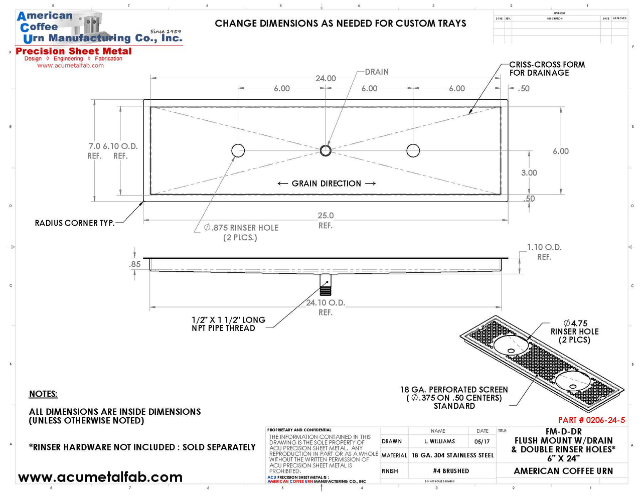 Flush Mount w/ Center Drain and Double Rinser Holes 6" X 24" X ¾" Drip Tray | Recessed | S/S # 4