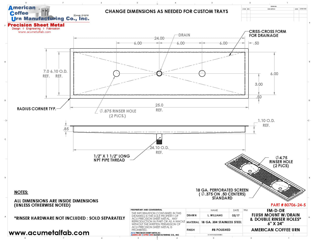 Flush Mount w/ Center Drain and Double Rinser Holes 6" X 24" X ¾" Drip Tray | Recessed | S/S # 8