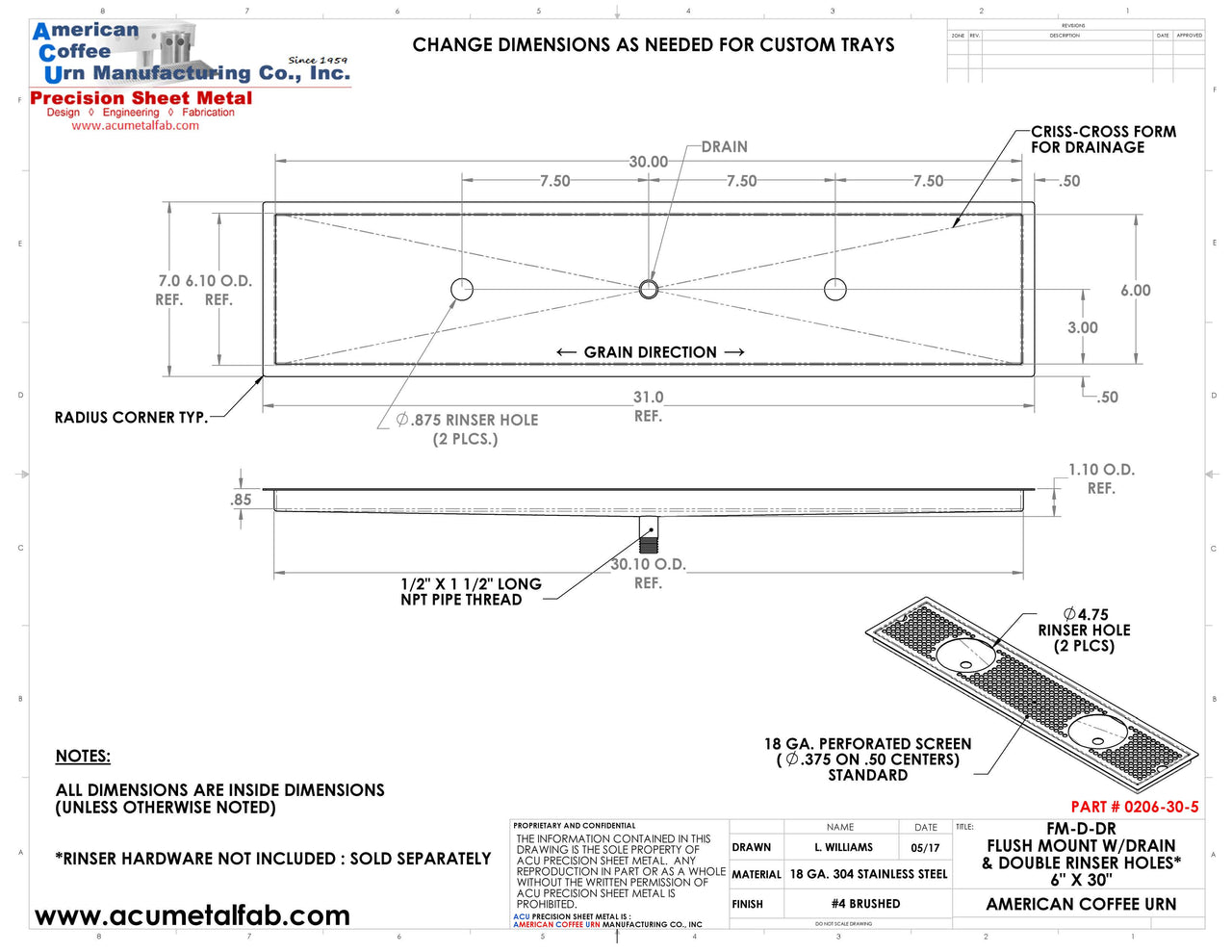 Flush Mount w/ Center Drain and Double Rinser Holes 6" X 30" X ¾" Drip Tray | Recessed | S/S # 4