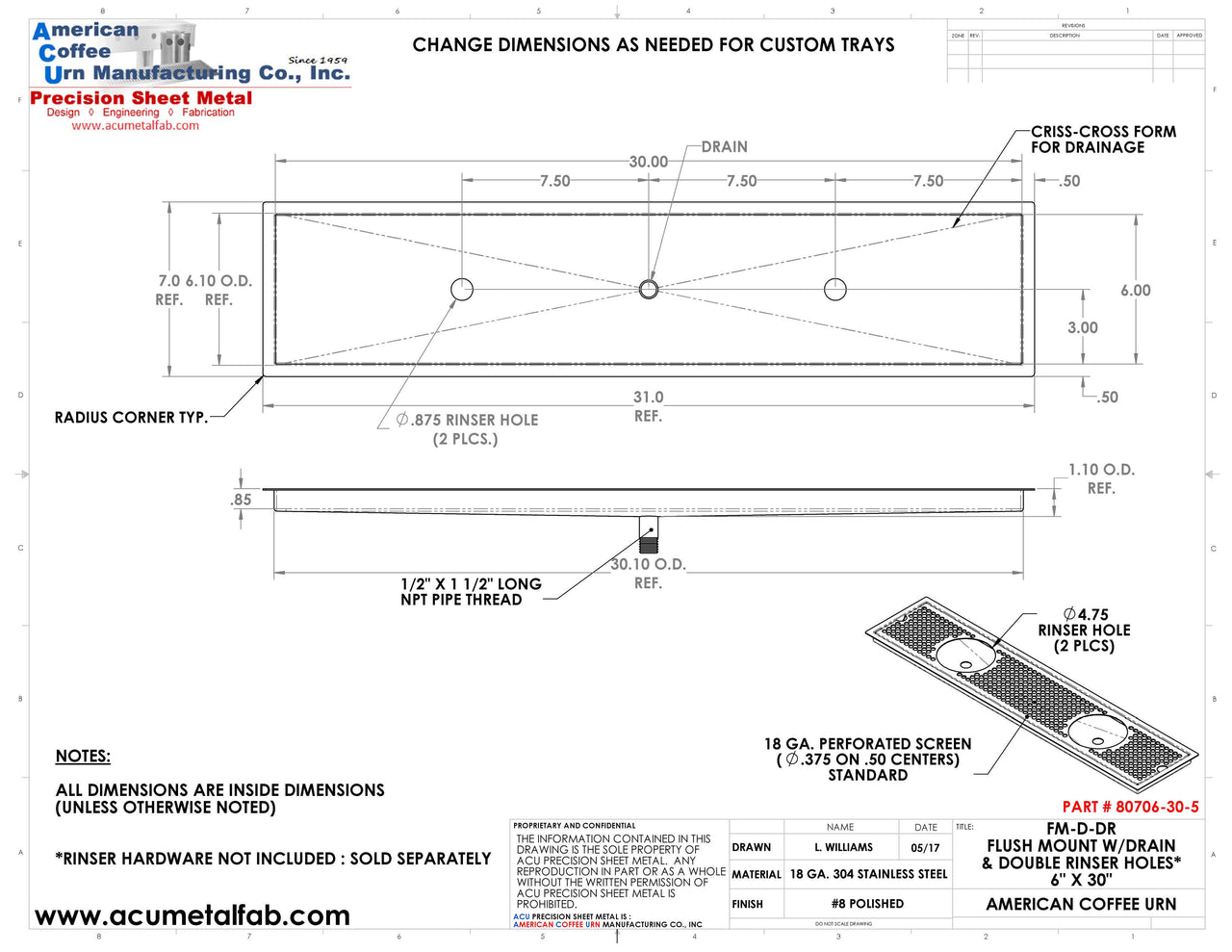 Flush Mount w/ Center Drain and Double Rinser Holes 6" X 30" X ¾" Drip Tray | Recessed | S/S # 8