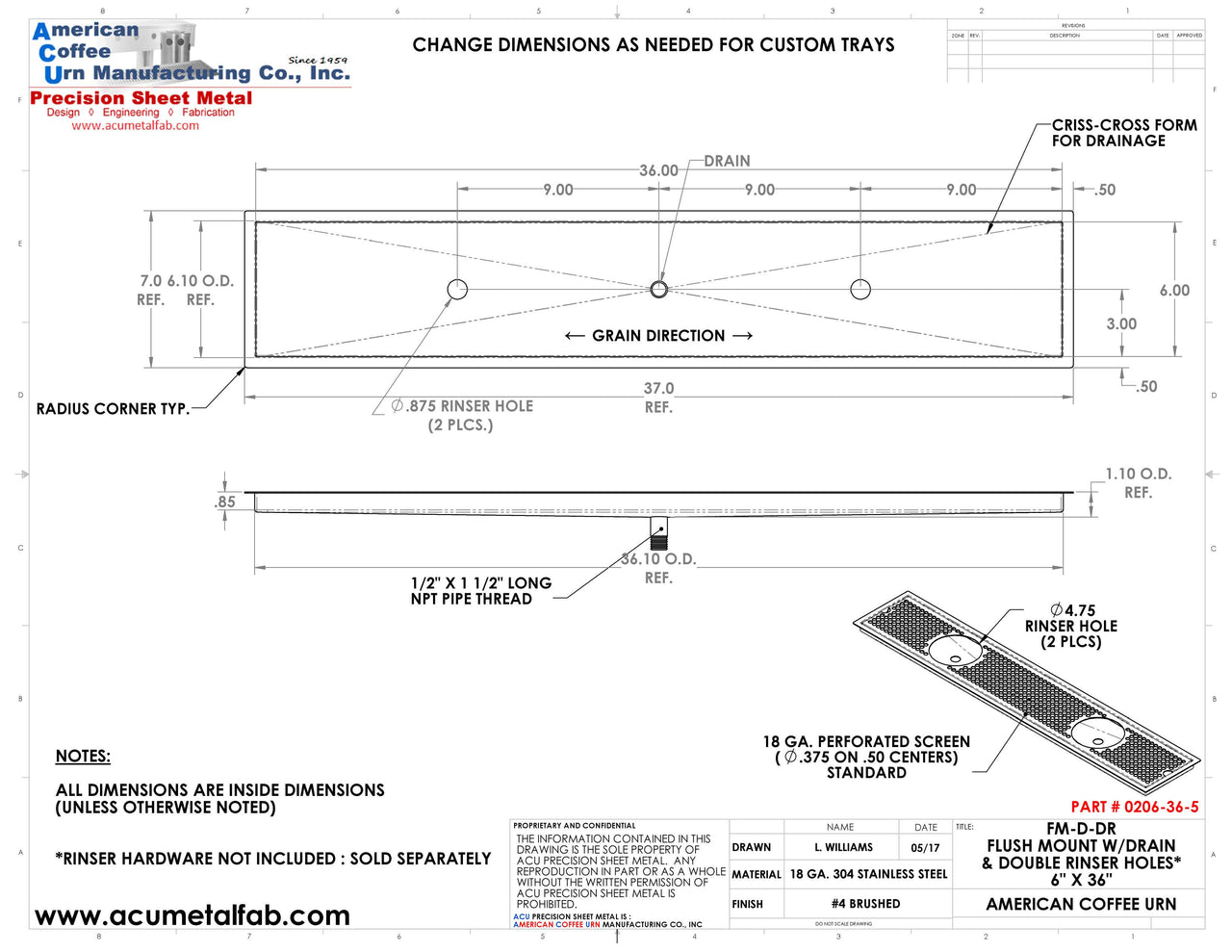 Flush Mount w/ Center Drain and Double Rinser Holes 6" X 36" X ¾" Drip Tray | Recessed | S/S # 4