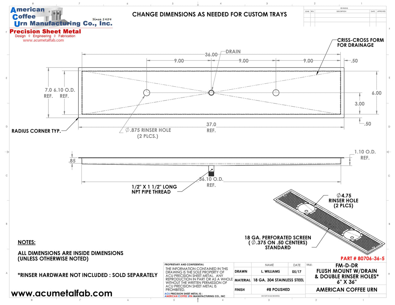 Flush Mount w/ Center Drain and Double Rinser Holes 6" X 36" X ¾" Drip Tray | Recessed | S/S # 8