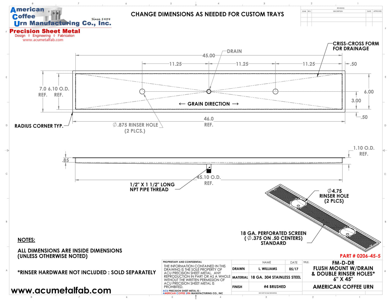 Flush Mount w/ Center Drain and Double Rinser Holes 6" X 45" X ¾" Drip Tray | Recessed | S/S # 4