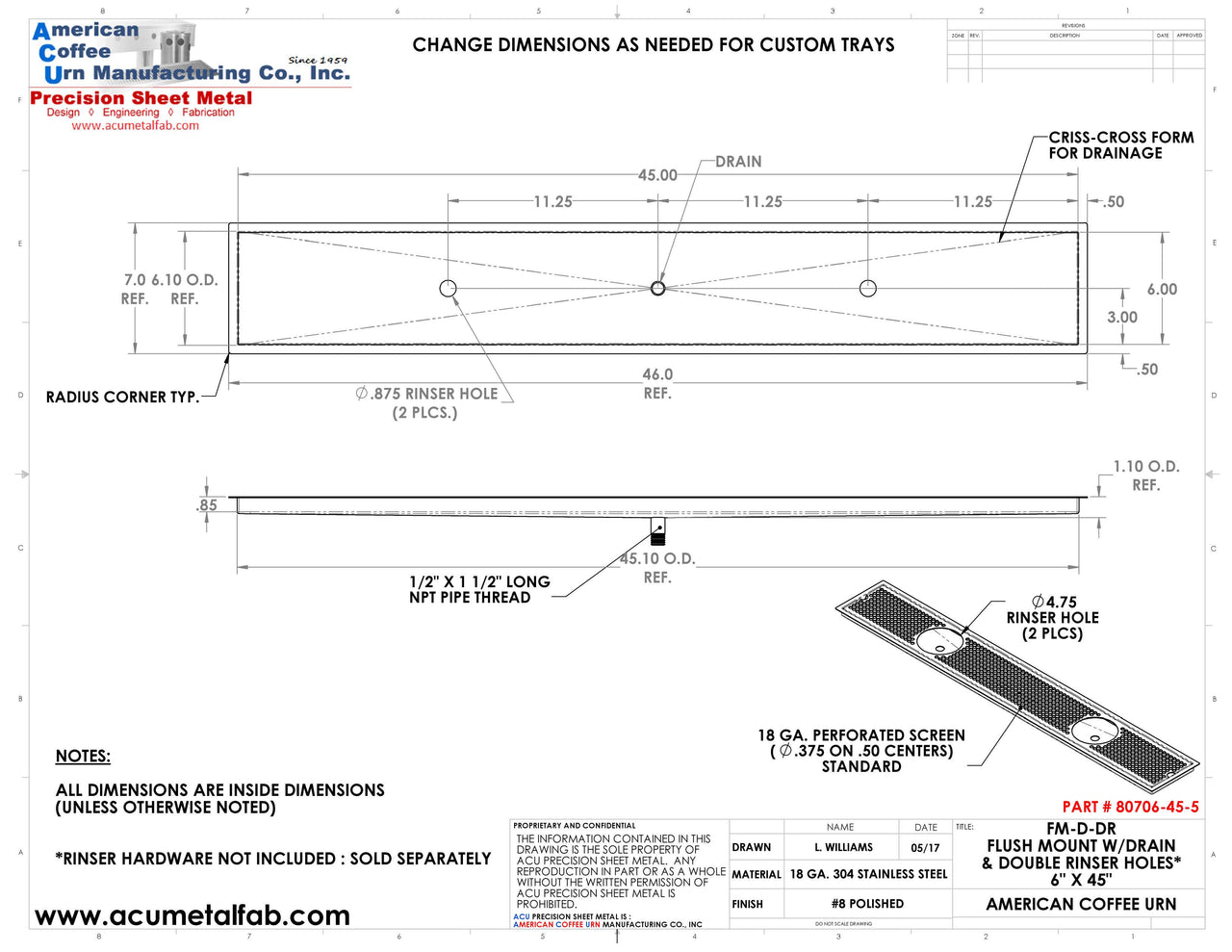 Flush Mount w/ Center Drain and Double Rinser Holes 6" X 45" X ¾" Drip Tray | Recessed | S/S # 8