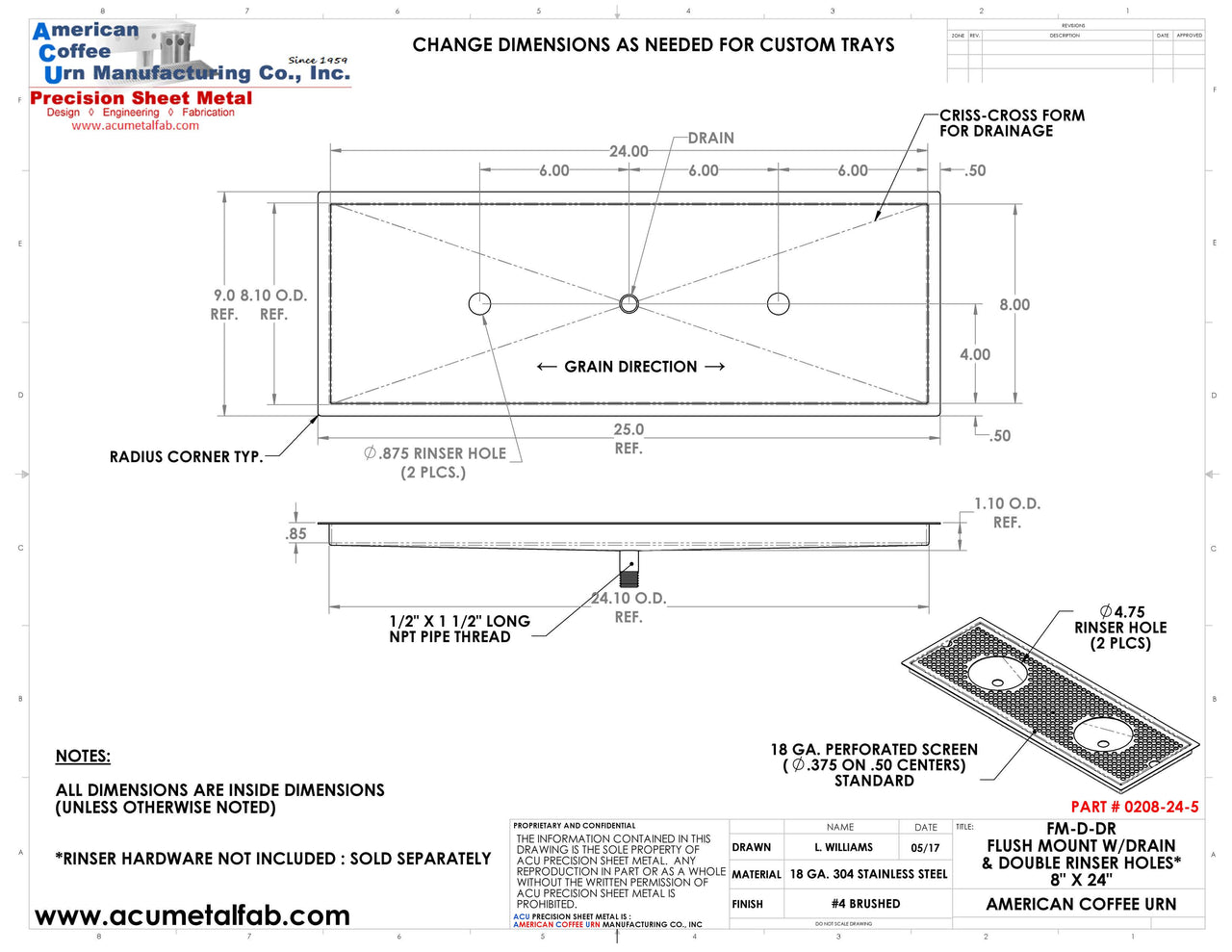 Flush Mount w/ Center Drain and Double Rinser Holes 8" X 24" X ¾" Drip Tray | Recessed | S/S # 4