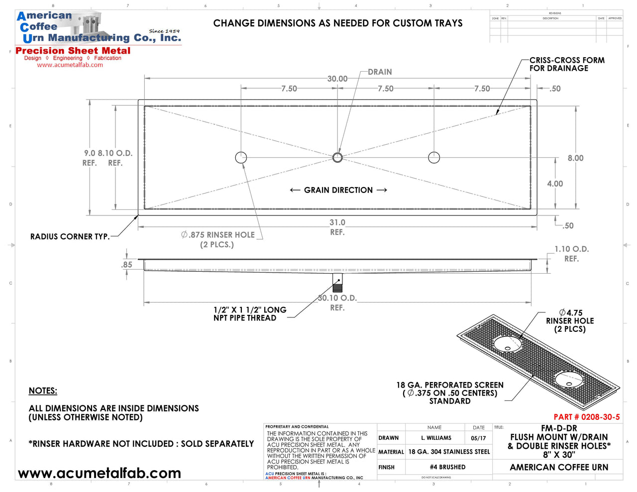 Flush Mount w/ Center Drain and Double Rinser Holes 8" X 30" X ¾" Drip Tray | Recessed | S/S # 4