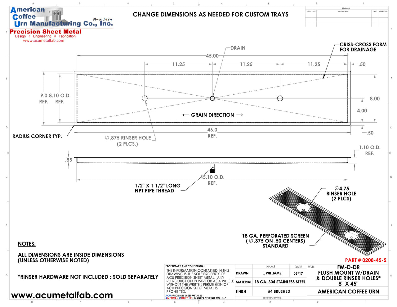 Flush Mount w/ Center Drain and Double Rinser Holes 8" X 45" X ¾" Drip Tray | Recessed | S/S # 4