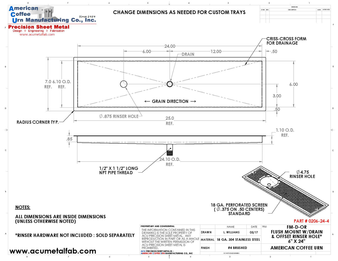 Flush Mount w/ Center Drain and Offset Rinser Hole 6" X 24" X ¾" Drip Tray | Recessed | S/S # 4