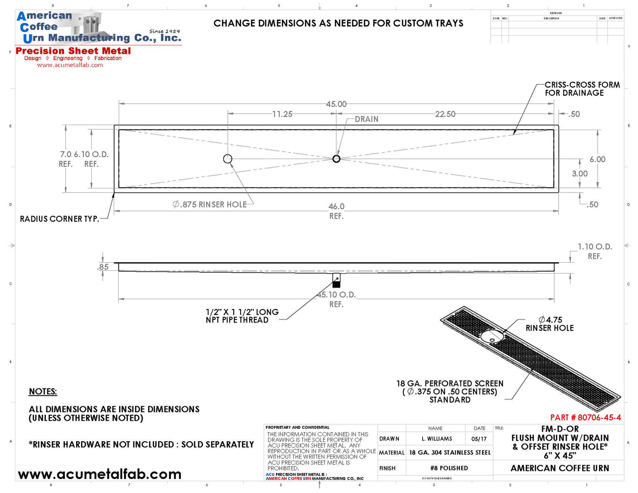 Flush Mount w/ Center Drain and Offset Rinser Hole 6" X 45" X ¾" Drip Tray | Recessed | S/S # 8